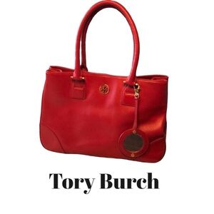 Tory Burch Red Satchel, gold trademark, mirror that attaches,